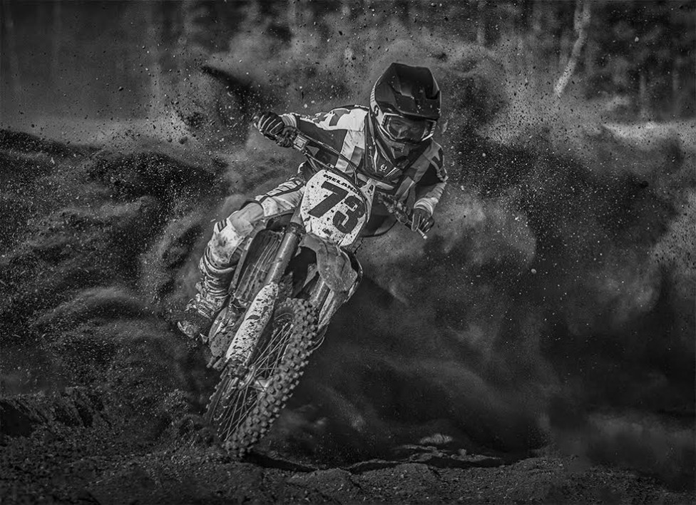 A black and white action photo from Riverglade Motorcross Park by Jason Bowie