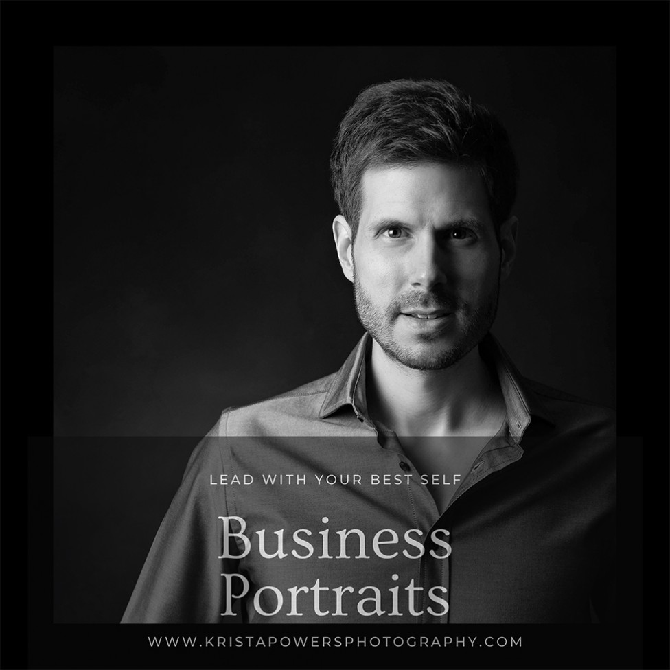 A black and white business headshot of a man, by Moncton photographer Krista Powers.