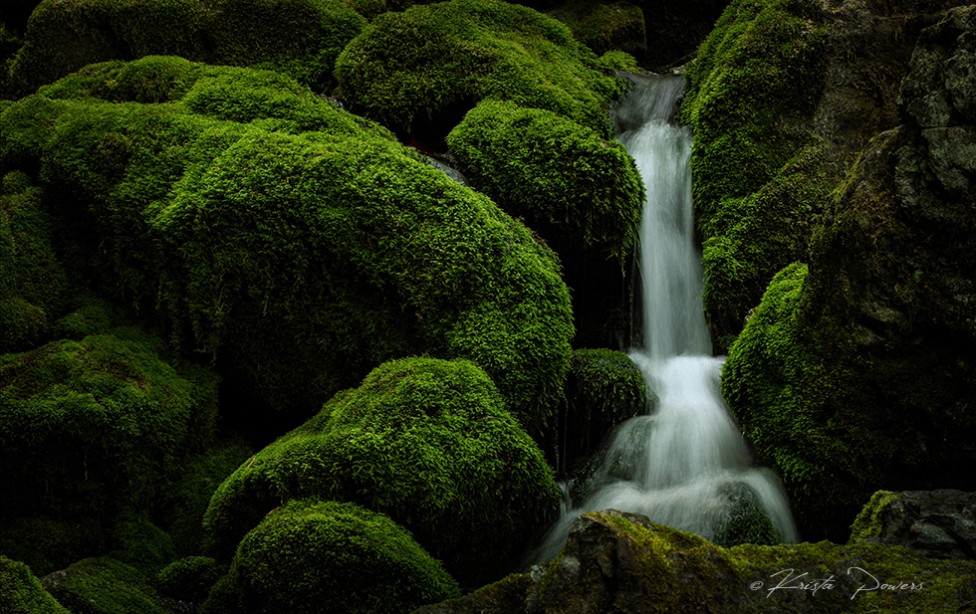 Photo of a waterfall with green moss by Krista Powers