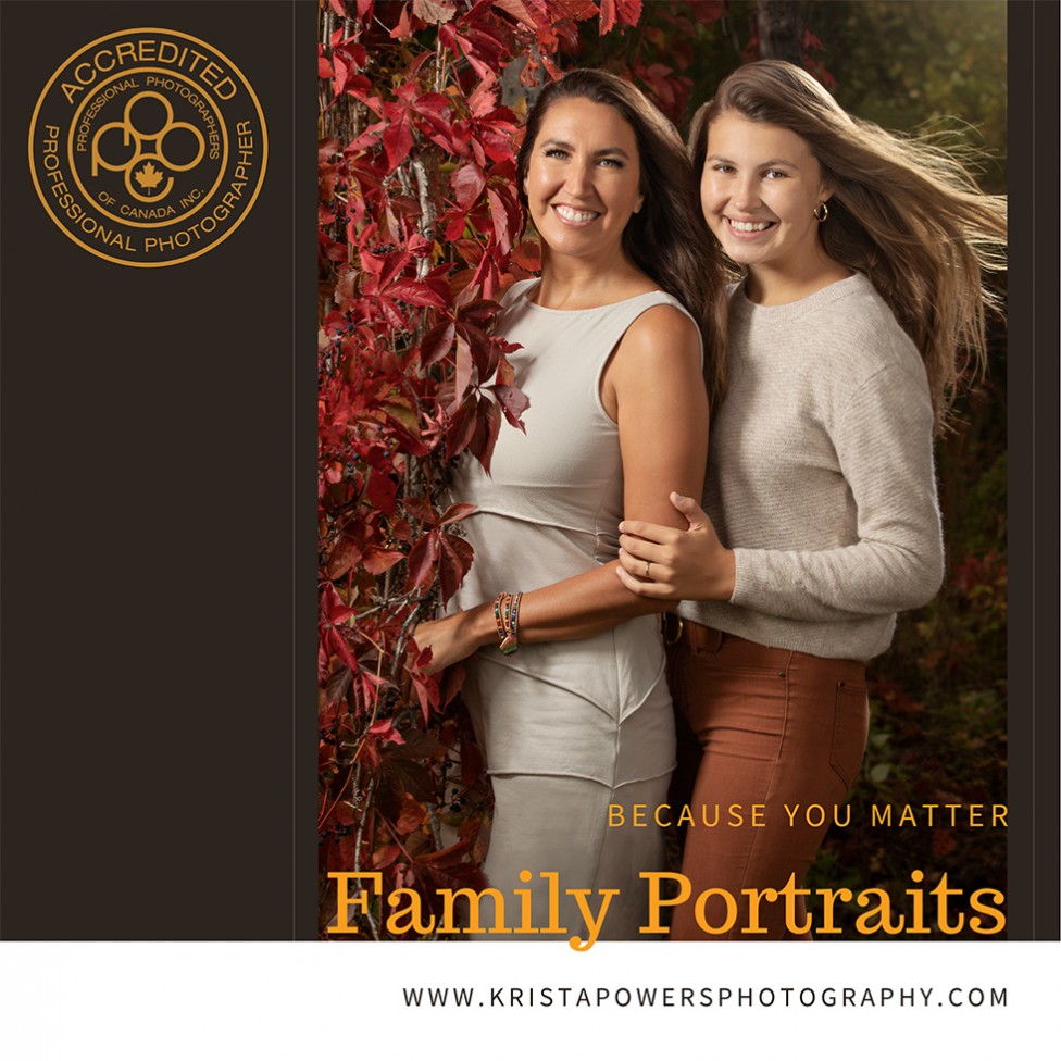 A family portrait of two young women with fall leaves, by Krista Powers of Moncton