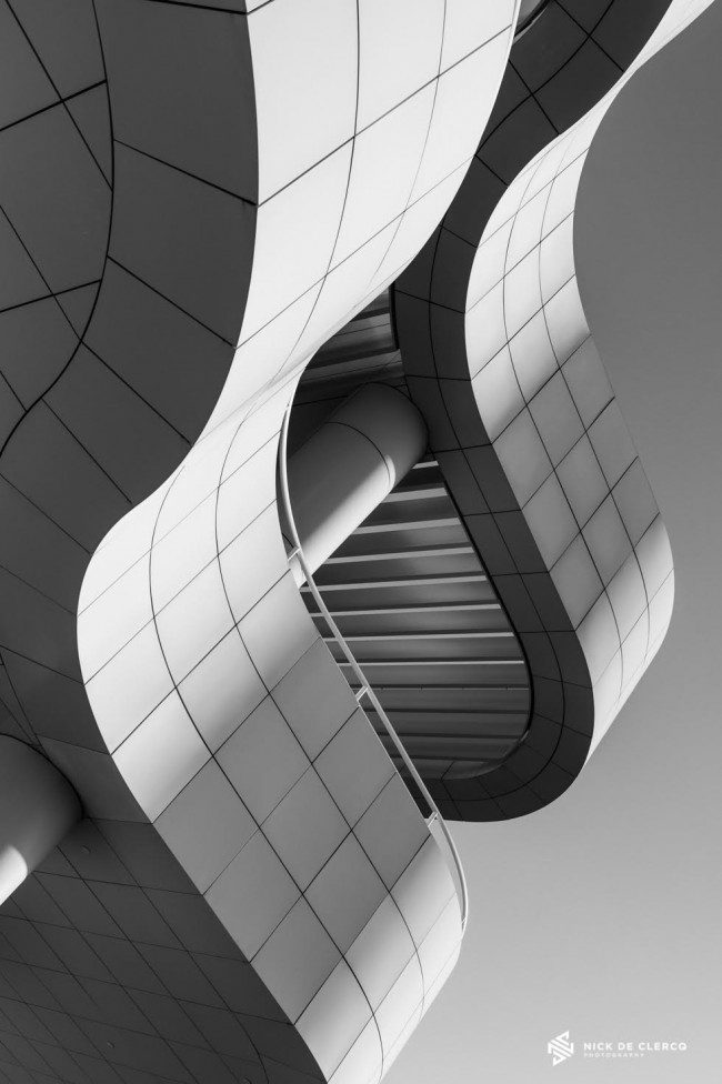 A black and white photo of the Getty Centre in Los Angeles, by Nick De Clercq