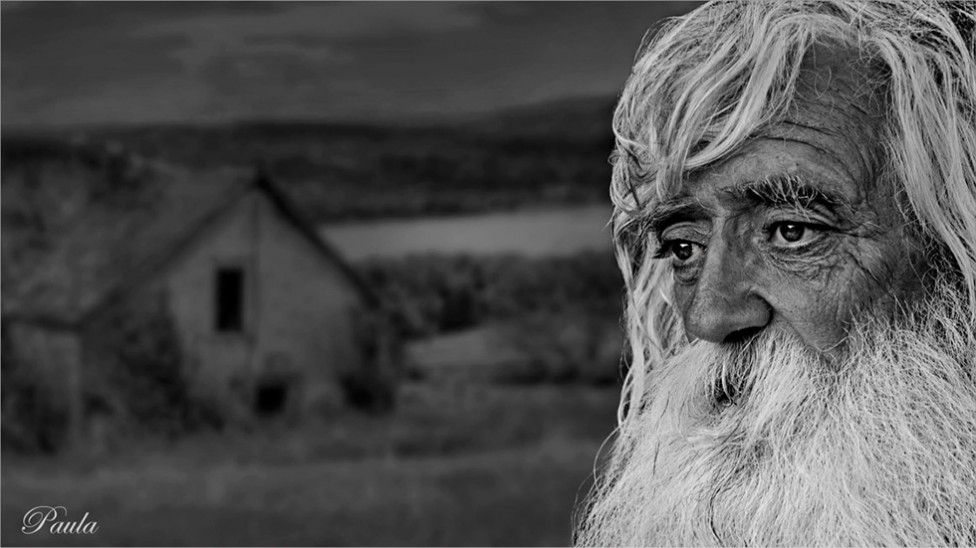 A black and white portrait of a white haired man with a long beard, by photographer Paula Lirette.