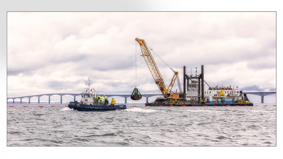 An image showing power cable being layed under the Confederation Bridge. Photo by Berni Wood.