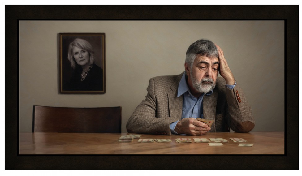 An portrait of a lonely man playing solitaire, by Jamie Bard