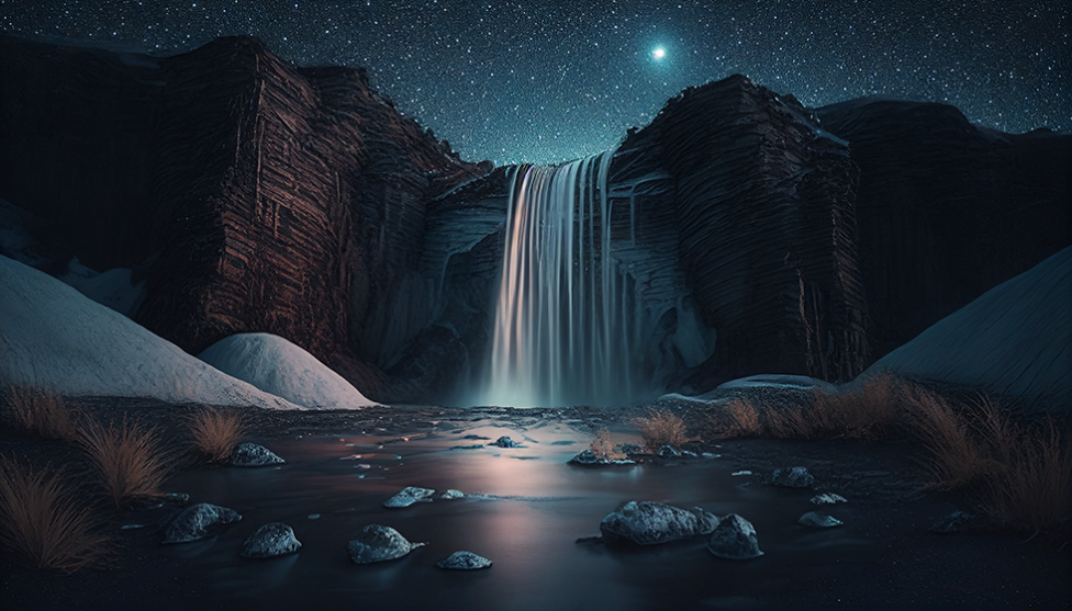 An AI generated image of a waterfall under a night sky