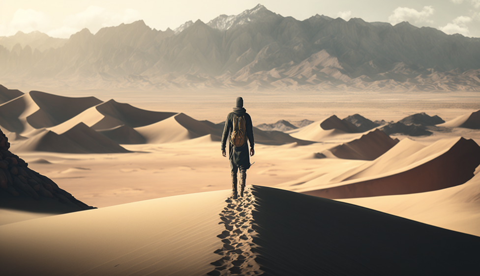 An AI generated image of a person in a desert scene