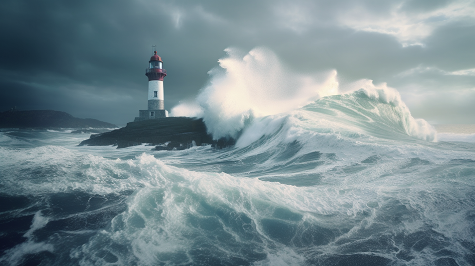 An AI generated image of waves hitting a lighthouse under stormy skies