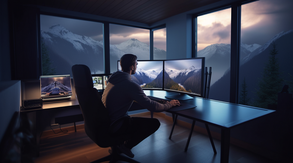 An AI generated image of a man sitting at a computer screen showing pictures of mountains, with mountains right outside the window.