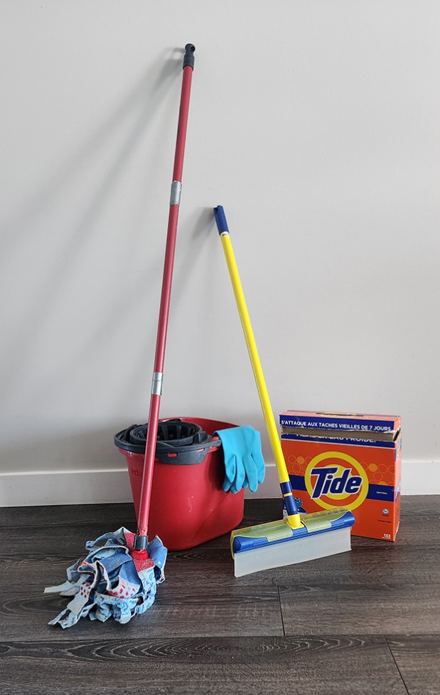 A mop and cleaning supplies