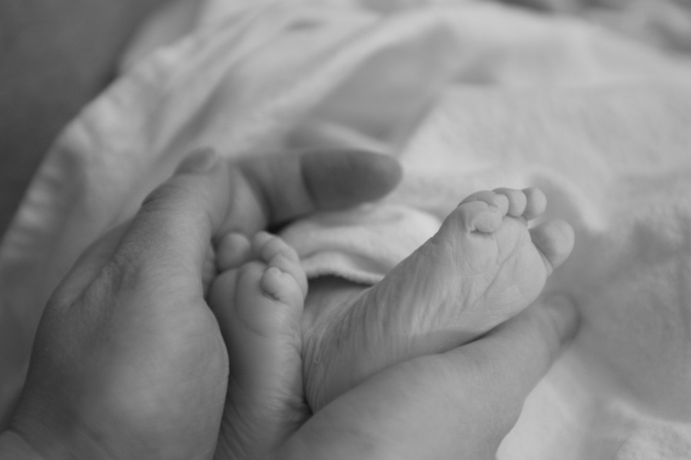 A black and white photo of a newborn's feet cradled in the parents' hands